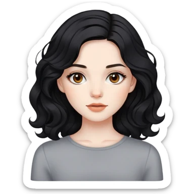 pale skin girl, jet black wavy medium-length hair, brown eyes, with natural warm makeup sticker