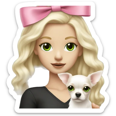 pale blond girl with wavy long platinum hair with green eyes holding a white chihuahua puppy that wearing a pink bow sticker