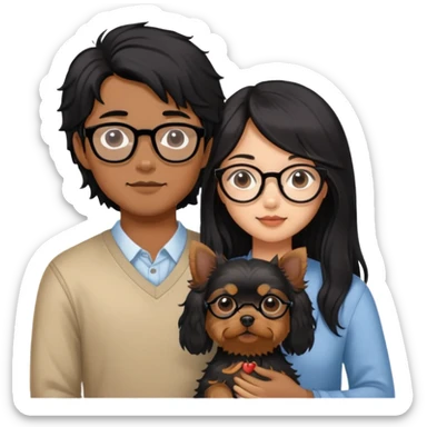 A couple holding a small Yorkshire Terrier together. The girl is Asian with long, luscious wavy black hair (loose, no hair tie). She is next to her boyfriend, a brown-skinned man wearing glasses with a korean haircut sticker