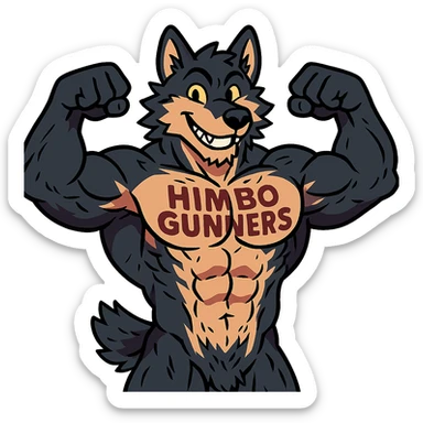 extremely muscular and highly detailed wolf furry, shirtless, with 'Himbo Gunners' tattooed across his chest, flexing pose, big friendly grin, very attractive and defined physique, detailed fur and anatomy sticker