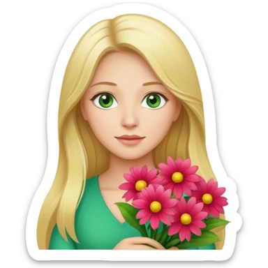 Long blonde haired woman with geen eyes holding a big bouquet of beautiful bright flowers  sticker