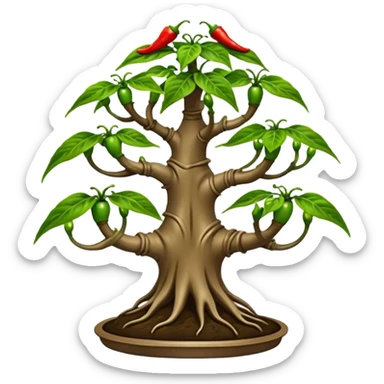 Very Large decorative gnarled alien-futuristic multi-tier space-efficient plant rack, which holds bonsai tiny hot pepper plants, constructed from mud sticker