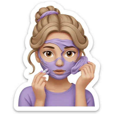 caucasian girl with long wavy dark blonde hair in messy bun applying skincare lilac colored clay mask covering face sticker