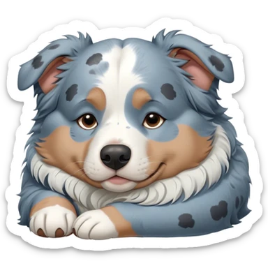 Cinematic Chubby Sleeping Blue Merle Australian Shepherd Portrait Emoji, Chubby and serene, with a round, adorable build and a soft blue merle coat accented by crisp white patches, eyes gently closed in peaceful slumber, Simplified yet irresistibly endearing features, highly detailed, glowing with a gentle, dreamy glow, high shine, relaxed and content, stylized with a touch of whimsy, bright and heartwarming, soft glowing outline, capturing the essence of a blissfully sleepy herder, so comically serene it feels like it could roll out of the screen and snore with adorable charm! sticker