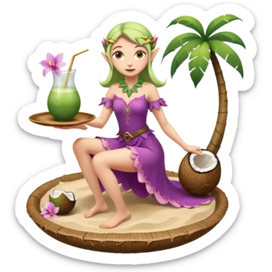 female elf in orchid-petal dress, balancing coconut drink tray. Barefoot on sand sticker