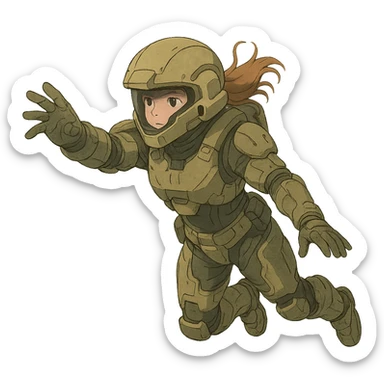 1 female, strengthened sIII spartan-3 helmet with a black visor, a tactical female space warrior floating in zero-g EVA operations, reaching in front of her sticker