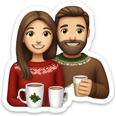 White couple, girl with long straight brown hair and boy with brown hair and beard, christmas sweaters, celebrate, hot chocolate sticker