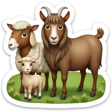 Icon for Domestic Hooved Animals: A gentle collage featuring a brown goat with large, curious eyes, a calm sheep with soft wool, and a majestic horse with a flowing mane. Background with a green pasture and a few hay bales. Transparent background. sticker