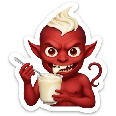 a demon eating a cup of vanilla yogurt sticker