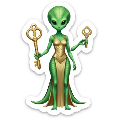 a reptilian alien woman green , in gold dress, hold a big key, full figure sticker