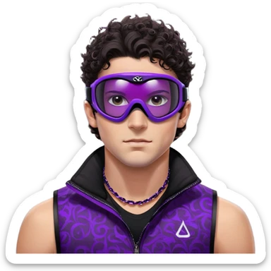 close-up of bad guy male athlete with white skin and moderately curly dark brown hair on top with shaved sides, wearing ski goggles with purple frames and very dark black lenses, a simple plain black chain necklace, and a completely unzipped sleeveless vest with purple and black sequin fire pattern design with no logo, with an extremely arrogant sneer on his face, looking menacing and villainous, exuding overconfidence and a threatening aura sticker