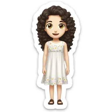 girls with white pale skin, with dark brown eyes, with dark brown long curly hair mullet shag, with a cute white flowery dress sticker