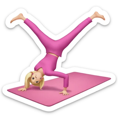 A fair-haired girl in a pink suit does a back bridge on a mat sticker