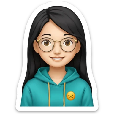 generate a smiling chinese female with long black hair, golden rim glasses, and a teal hoodie sticker