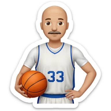 bald man basketball player white jersey with mustache holding basket ball sticker