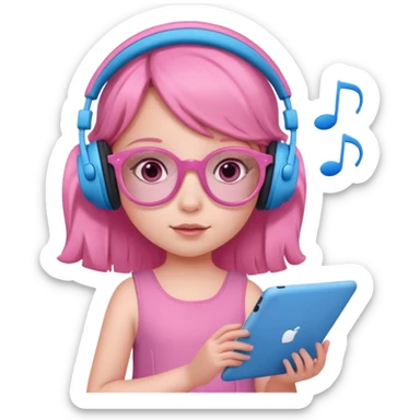 Little girl with headphones when pink eyes and pink iPad and pink dreamy background and rose colored glasses and blue music notes around her and pink dress sticker
