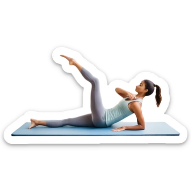 A person performing a Pilates exercise on a mat in a clean, modern studio. The focus is on core strength and flexibility, with a neutral, calming color palette. Simple equipment like a reformer machine and a soft, tranquil background enhance the feeling of controlled movement and focus. sticker