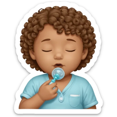Close-up, newborn baby boy, curly hair, pacifier sticker