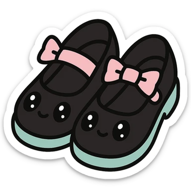 BLACKPINK-inspired gothic shoes, no hearts, black and pink, cute and stylish, kawaii style, pastel teal accents, mary jane shoes with bows sticker
