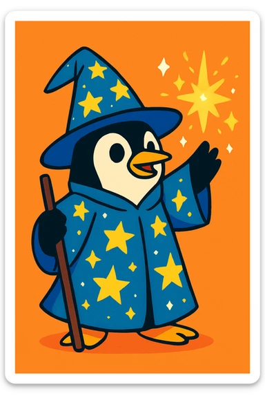 vibrant style penguin wizard casting a spell, with sparkles and a starry robe sticker