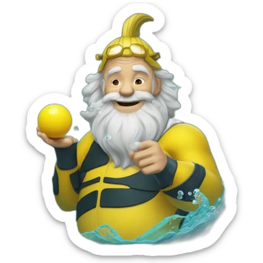 Underwater old happy man mermaid swimming, snorkel equipement, holding a small yellow ball, winning enthousiasm with kungfu pose sticker