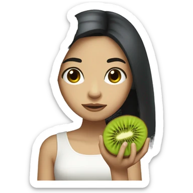 philipino white girl with long black hair holding a kiwi sticker
