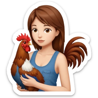 Kneeling down Brown hair enormous boobs Woman tank top, wearing jeans touching kissing rooster sticker