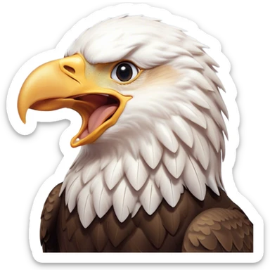 Cinematic Cute Yawning American Eagle Portrait Emoji, Head tilted slightly with a dramatic, wide-open yawn, showcasing a stately form with gently drooping feathers and sleepy, half-closed eyes, Simplified yet irresistibly adorable features, highly detailed, glowing with a soft, cozy majestic glow, high shine, relaxed yet expressive, stylized with a dash of whimsical aerial charm, soft glowing outline, capturing the essence of a drowsy yet affectionate American eagle that appears ready to stretch out for a nap! sticker