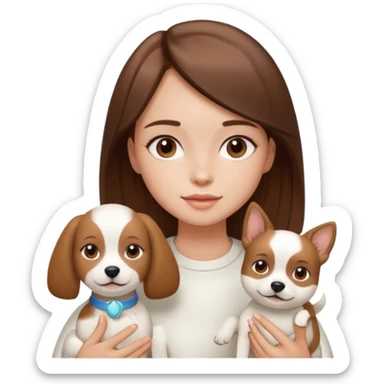 Menina com cabelo liso a cor castanho com um cachorro branco e com alguns produtos de skin care sticker