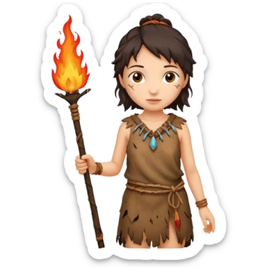 ancient girl, tattered animal skin cloth, hold fire stick sticker
