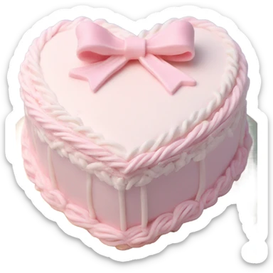 Pastel pink heart shaped cake with fancy white icing and bows sticker