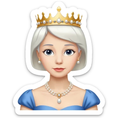 Queen with white short hair – gold tiara, pearl necklace, elegant gown, blue dress sticker