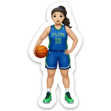 full body plus size light skin  latino women basketball player with wavy dark hair in pony tail wide nose wearing blue uniform with green accent sticker