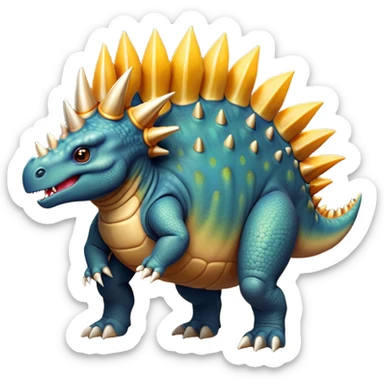 Cinematic Noble Stegosaurus Portrait Emoji, Poised and dignified, with a sturdy, low-slung body adorned by a distinctive row of bony plates along its back and a spiked tail, a small, determined head with observant eyes, Simplified yet sharply defined features, highly detailed, glowing with a soft, earthy radiance, high shine, intelligent and resolute, stylized with an air of ancient armored majesty, focused and alert, soft glowing outline, capturing the essence of a watchful and confident Stegosaurus that appears ready to lumber out of the screen with effortless authority! sticker