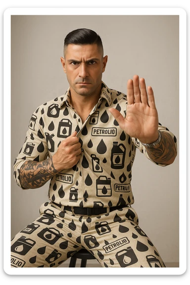 Create a very realistic vertical image (2:3) of a man similar to the reference photo holding clothes made of oil symbols such as oil cans, black drops, and labels reading 'petrolio'. The man has a serious expression and a decisive gesture of refusal, as if rejecting the oil clothes. The background is neutral with natural details and a professional atmosphere. sticker