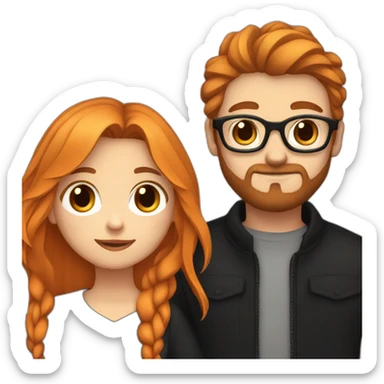 girl with long orange hair wearing no glasses and all black clothes and holding hands with boy with dark hair and beard and glasses and pale skin sticker