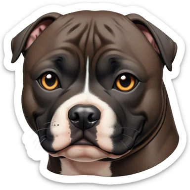 Cinematic Noble Black/Brindle Staffordshire Bull Terrier Portrait Emoji, Poised and regal, with a compact, muscular build and a sleek, well-groomed Fur featuring a striking mix of black and brindle patterns, deep-set soulful dark eyes, Simplified yet sharp and sophisticated features, highly detailed, glowing with a soft, dignified glow, high shine, intelligent and loyal, stylized with an air of strength, focused and attentive, soft glowing outline, capturing the essence of a watchful and confident guardian, so majestic it feels as though it could stride out of the screen with effortless authority! sticker