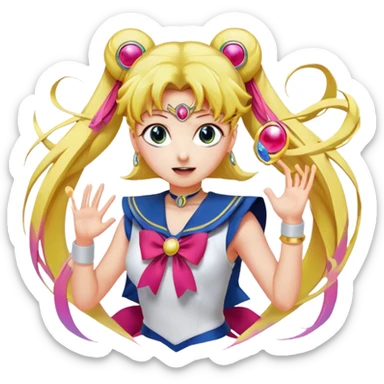 Icon for Anime: vibrant, dynamic scene with Bishoujo Senshi Sailor Moon in action, featuring exaggerated expressions and colorful backgrounds. The design should reflect the distinct, energetic style of anime, with iconic eyes and unique visual elements. Transparent background. sticker