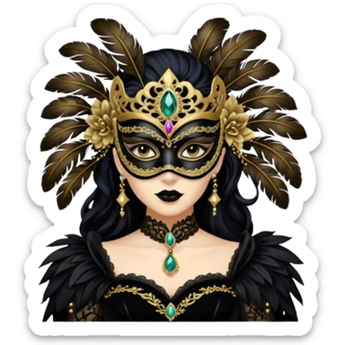 (the person is transformed into a masquerade gothic queen:1.5), black velvet gown with gold lace details, ornate mask with feathers and gem studs
 sticker