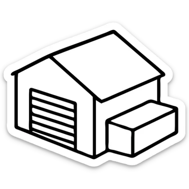 Single story warehouse building in isometric view with loading dock and roll-up door sticker