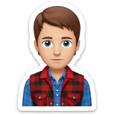 Hombre de pelo castaño ojos azules muy atractivo camisa de franela y chaleco sticker