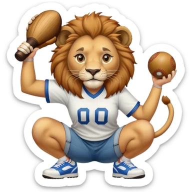 confident anthropomorphised female lion wearing a baseball shirt, jeans, and trainers, squatting and lifting an object sticker