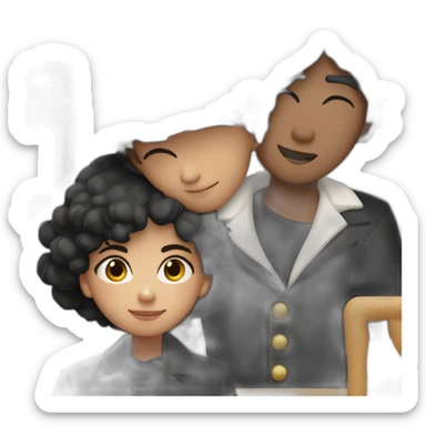 Fair thin boy dressed black coat and black hat and lightly tanned girl in white coat hugging sticker