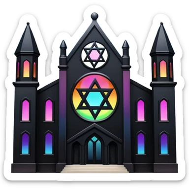 jewish synagogue temple in dark goth aesthetic style with black building and light rainbow tint glass windows and star of david and celestial symbolism sticker