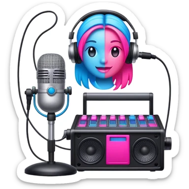 Create a vibrant and modern emoji that represents pop or stage vocal performance. The design should feature a high-quality microphone, a stage monitor, and a sound mixing console to symbolize the professional setup used in pop vocals. Add elements like studio headphones or a soundboard with sliders to reflect the technical side of live performances. Use energetic colors like neon pink, electric blue, and silver to convey the dynamic, high-energy nature of pop and stage singing. The background should be transparent. sticker