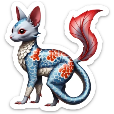 Japanese oriental Asian Edgy badass swimmy wet painted intricate ornate Japanese Asian koi-Minccino-Lykoi-Emolga-Sphynx-Linoone-Zangoose-fusion-hybrid-animal-Fakémon-creature, full body, thin long sleek scaly tail, intricate markings sticker