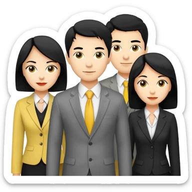 4 people, two man and two women,yellow skin office style,black hair, Half-body photo sticker