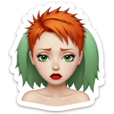 Short spikey Ginger hair, green eyes, black long eye lashes large red lips White woman very sad crying  sticker