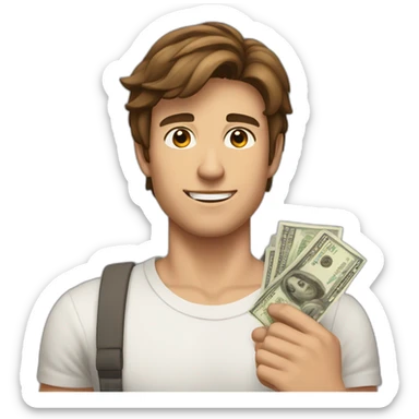 A young fit man with forward Brown hair and beige skin and with money in his hand sticker