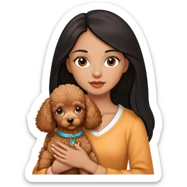 woman with  brown  skin,longblack straight hair and brown  eyes is holding a apricotpoodle puppy sticker